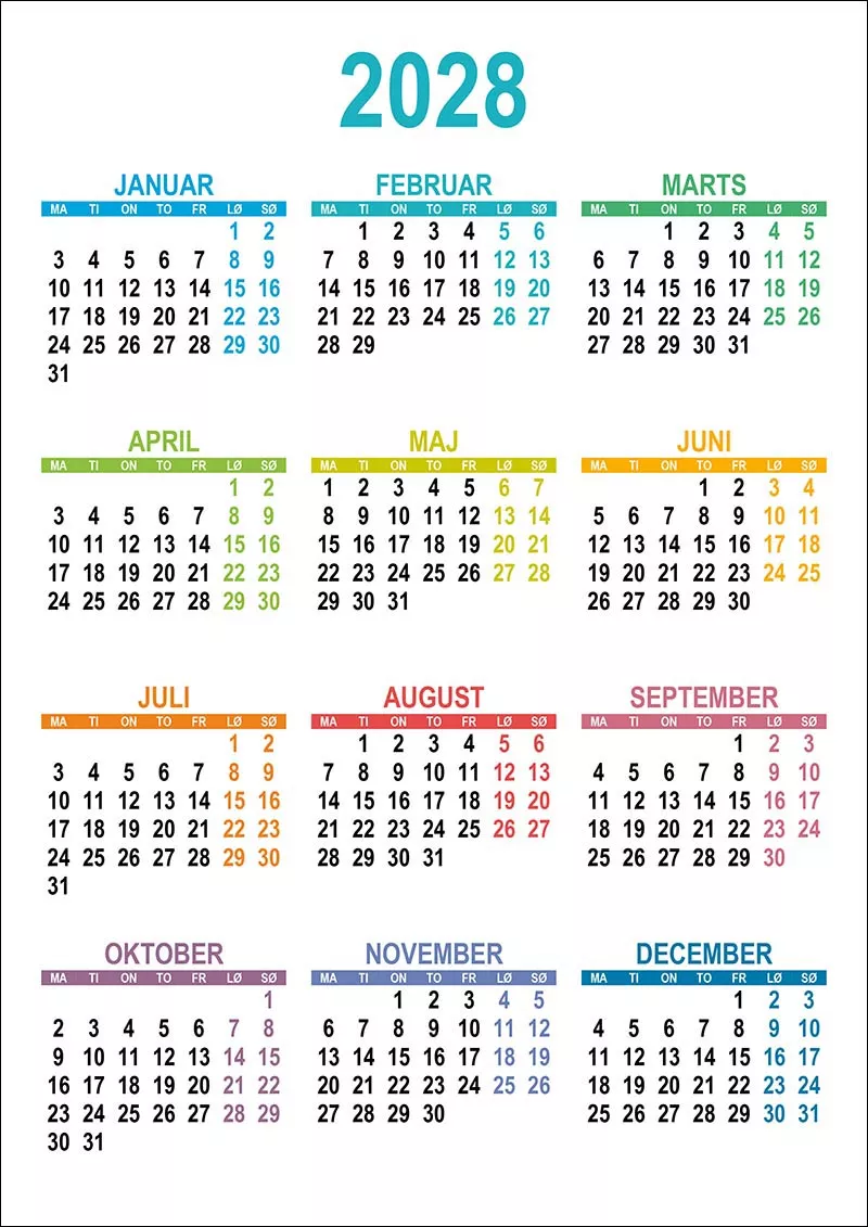 Kalender 2028 Kalenderdk su
