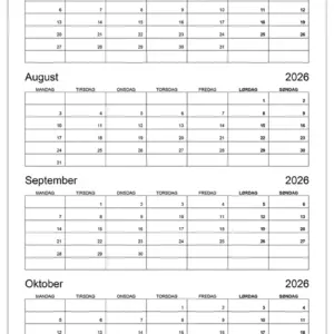 Kalender for juli, august, september og oktober 2026