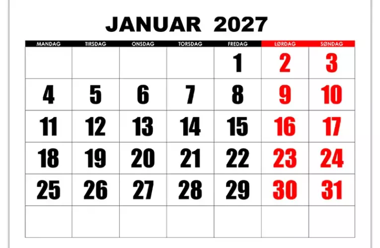 Kalender for Januar 2027